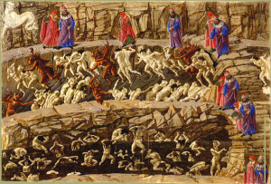Dante e Virgilio, nell'Inferno secondo Botticelli, si “spostano” su un sfondo fisso (Malebolge)